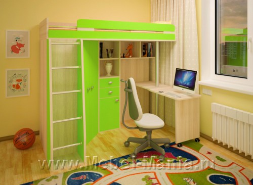 Кровать-чердак с выдвижным столом и лестницей-комодом 4Kids к12