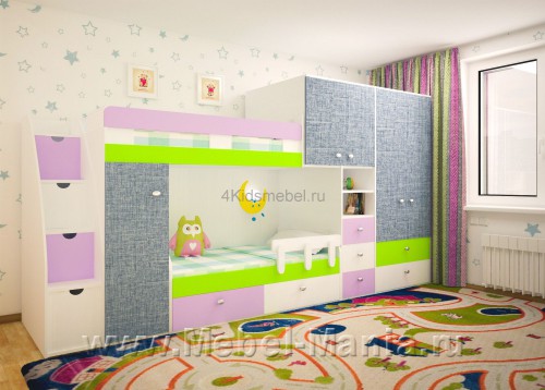 Детский комплекс двухъярусная кровать и 2 шкафа 4Kids K27